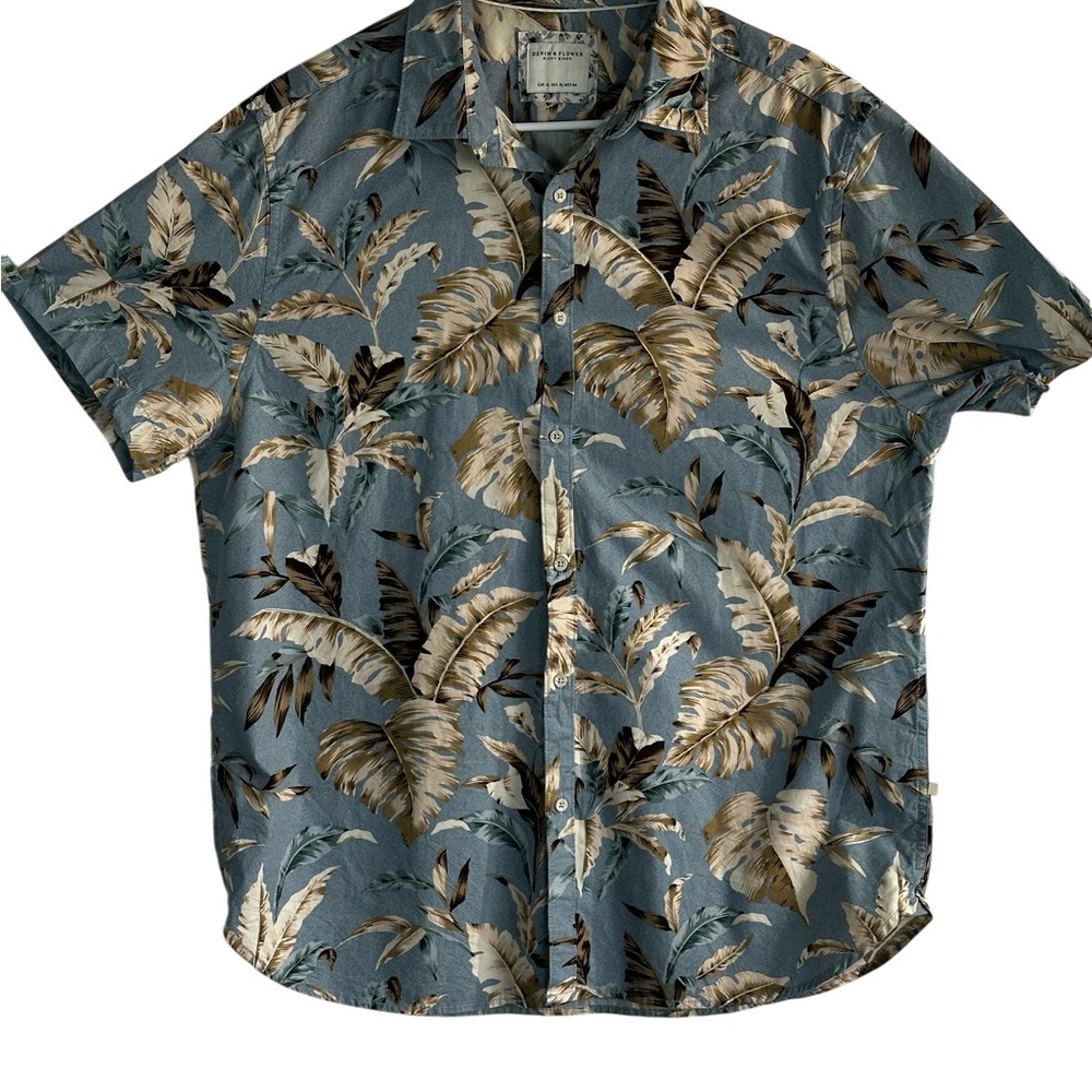 Denim & Flower Ricky Singh Blue Tropical Leaf Button Up Shirt Men’s XL - Picture 5 of 15